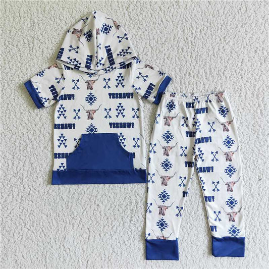 BSPO0006 Bull head arrow blue pocket hooded short-sleeved trousers suit