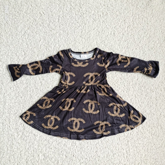 9.27 RTS NO MOQ（In stock）G4-12-3= Baby Girls Winter Dress Leopard print lettering black and gray long-sleeved dress