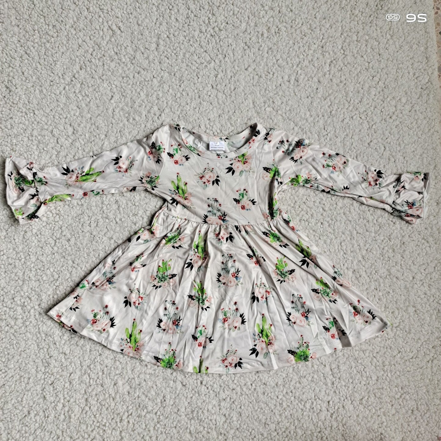 10.2 RTS NO MOQ（In stock）G4-12-3] Baby Girls Winter Dress Cactus Flower Leather Pink Long Sleeve Dress