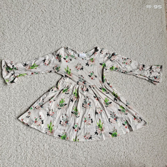 10.2 RTS NO MOQ（In stock）G4-12-3] Baby Girls Winter Dress Cactus Flower Leather Pink Long Sleeve Dress