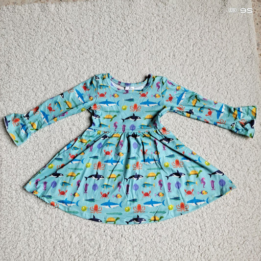 10.3 RTS NO MOQ（In stock）G4-12-3.. Baby Girls Winter Dress Shark, turtle and crab long-sleeved dress