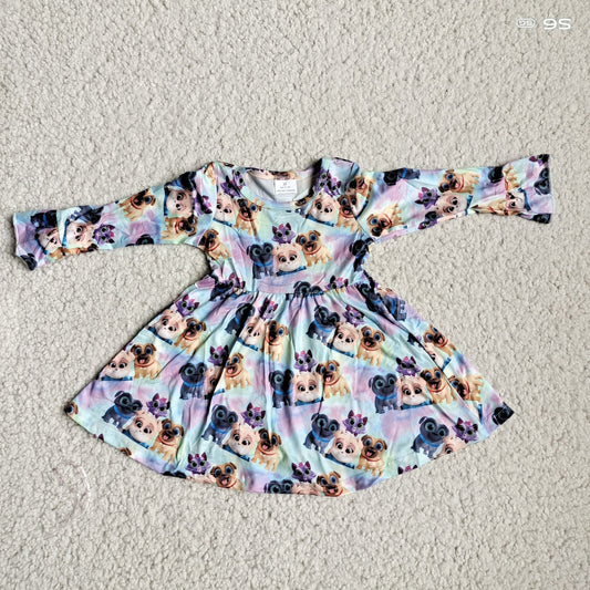 9.27 RTS NO MOQ（In stock）G4-12-3*. Baby Girls Winter Dress Dog purple and green long-sleeved dress