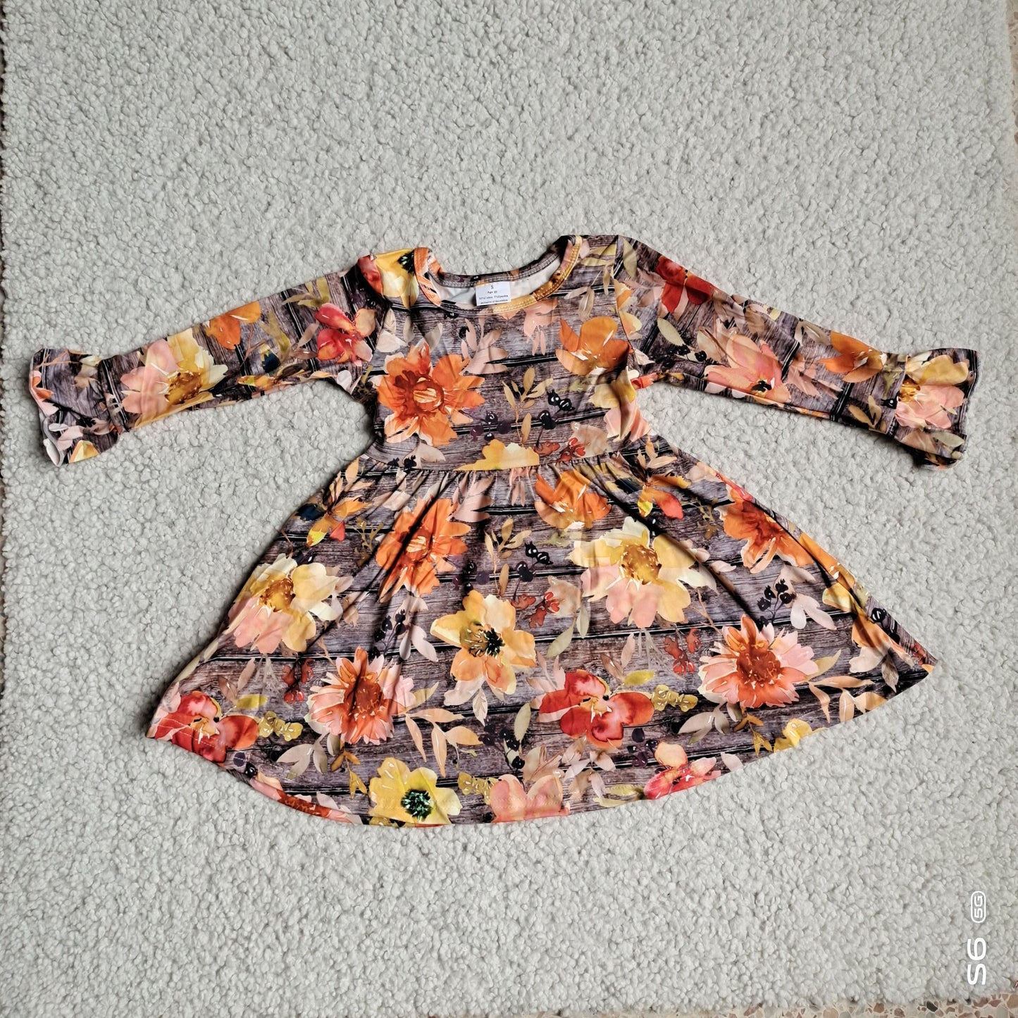 10.3 RTS NO MOQ（In stock）G4-12-3.' Baby Girls Winter Dress Orange and yellow flower earthy brown long-sleeved dress