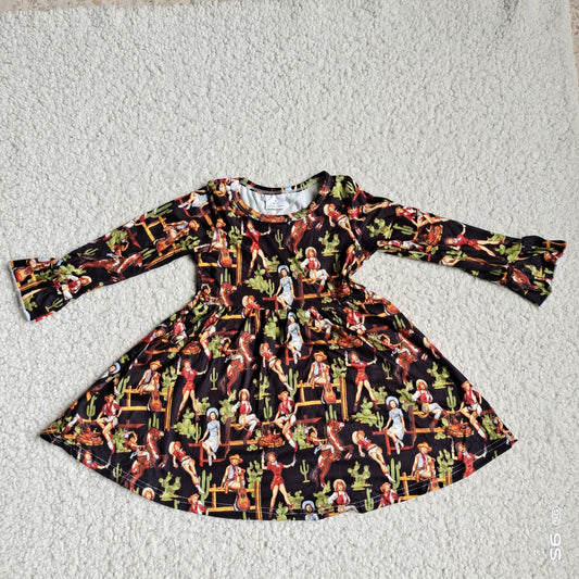 10.2 RTS NO MOQ（In stock）G4-12-4 Baby Girls Winter Dress Girls Cactus Horse Black Long Sleeve Dress