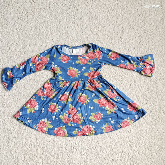 9.25 RTS NO MOQ（In stock）G4-12-4= Baby Girls Winter Dress Dark blue flared long-sleeved dress with orange flowers and green leaves