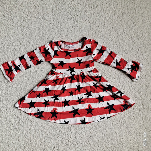 9.25 RTS NO MOQ（In stock）G4-12-7; Baby Girls Winter Dress Five-pointed star red and white striped long-sleeved dress