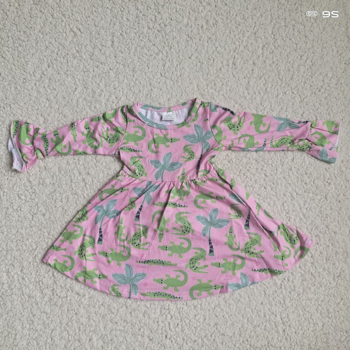 9.25 RTS NO MOQ（In stock）G4-12-7.. Baby Girls Winter Dress Green alligator pink long-sleeved dress