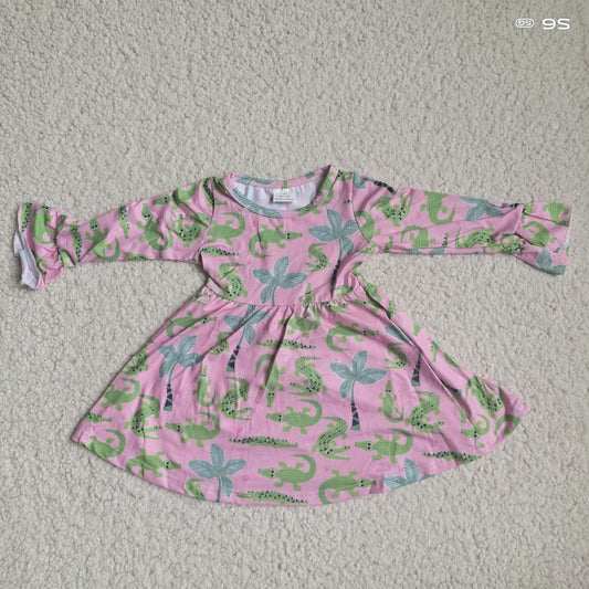 9.25 RTS NO MOQ（In stock）G4-12-7.. Baby Girls Winter Dress Green alligator pink long-sleeved dress