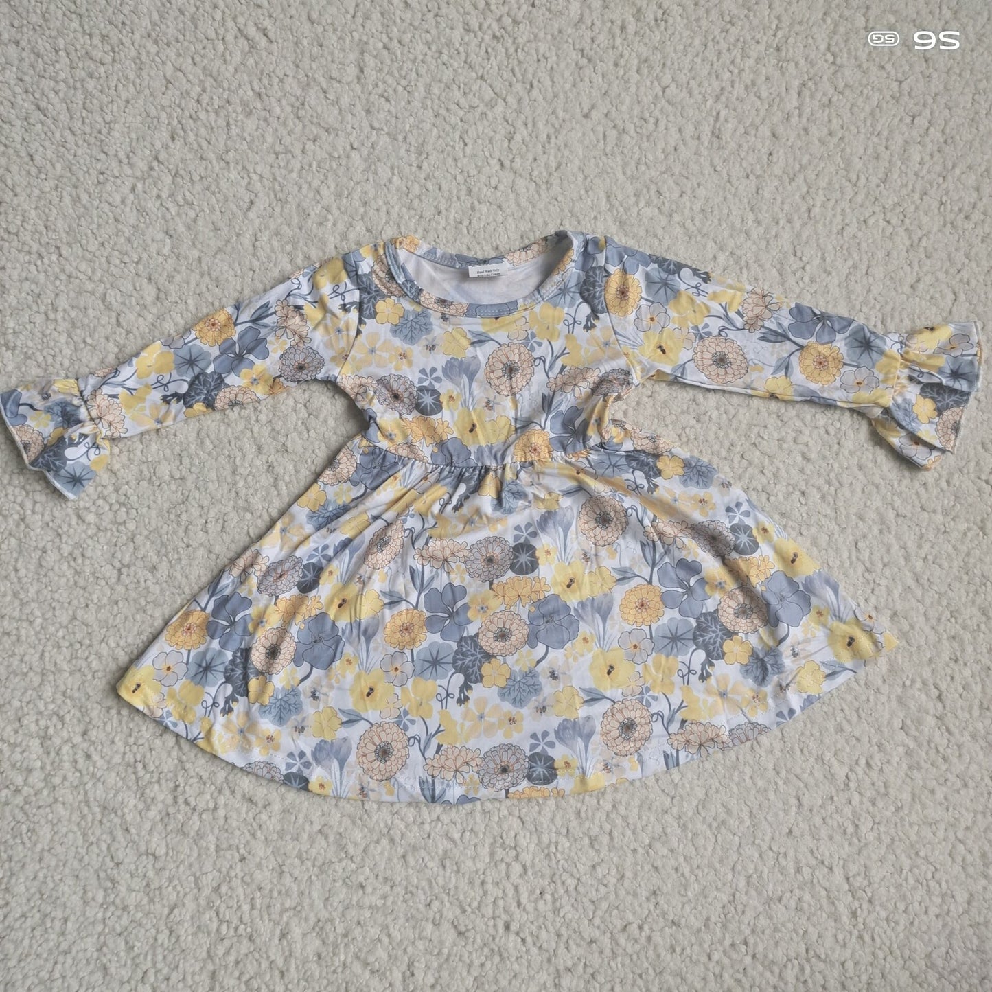 9.25 RTS NO MOQ（In stock）G4-12-8 Baby Girls Winter Dress Dark gray-yellow chrysanthemum long-sleeved dress