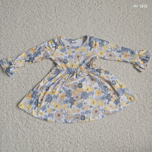 9.25 RTS NO MOQ（In stock）G4-12-8 Baby Girls Winter Dress Dark gray-yellow chrysanthemum long-sleeved dress