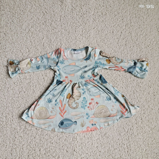 9.25 RTS NO MOQ（In stock）G4-12-8/ Baby Girls Winter Dress Fish snail bubble light blue long-sleeved dress