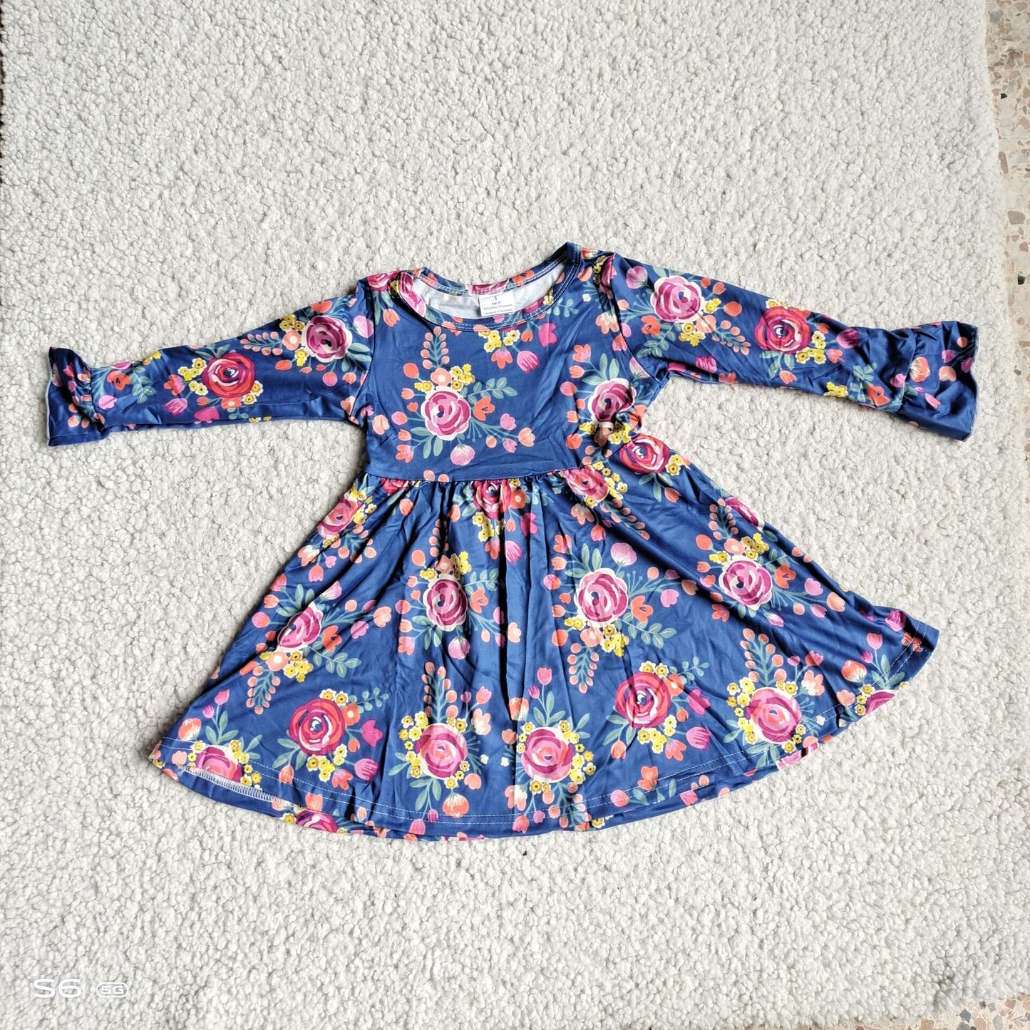 10.2 RTS NO MOQ（In stock）G4-12-8] Baby Girls Winter Dress Dark blue long-sleeved dress with orange, purple, yellow and floral patterns