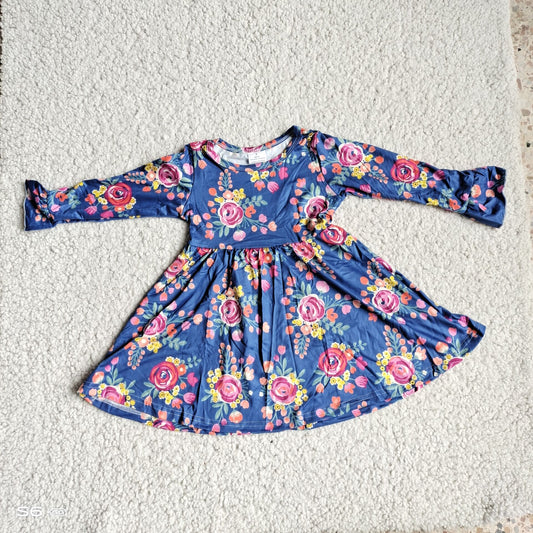 10.2 RTS NO MOQ（In stock）G4-12-8] Baby Girls Winter Dress Dark blue long-sleeved dress with orange, purple, yellow and floral patterns