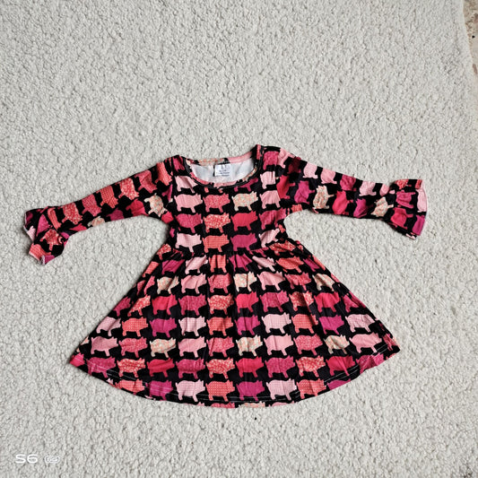 9.25 RTS NO MOQ（In stock）G4-12-8\ Baby Girls Winter Dress Colorful Pig Black Long Sleeve Dress