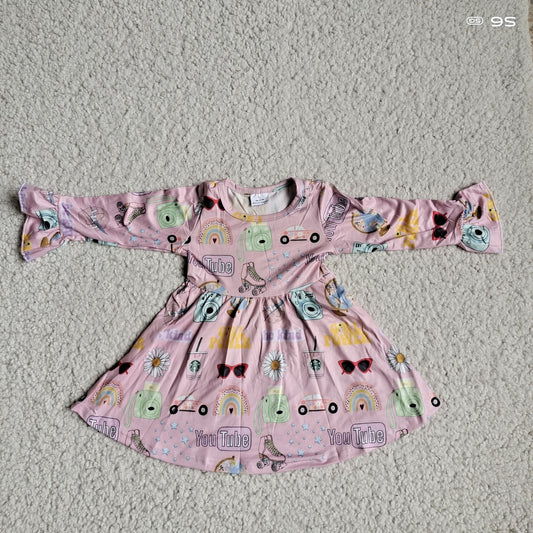 9.27 RTS NO MOQ（In stock）G4-12-8*; Baby Girls Winter Dress Pink long-sleeved dress with camera, glasses and car