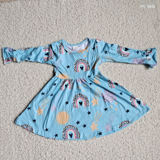 10.2 RTS NO MOQ（In stock）G4-12-8*- Baby Girls Winter Dress Leopard print rainbow star aqua blue long-sleeved dress