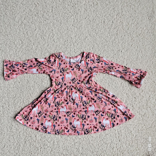 10.2 RTS NO MOQ（In stock）G4-12-9;. Baby Girls Winter Dress Pink long-sleeved dress with blue and red flowers