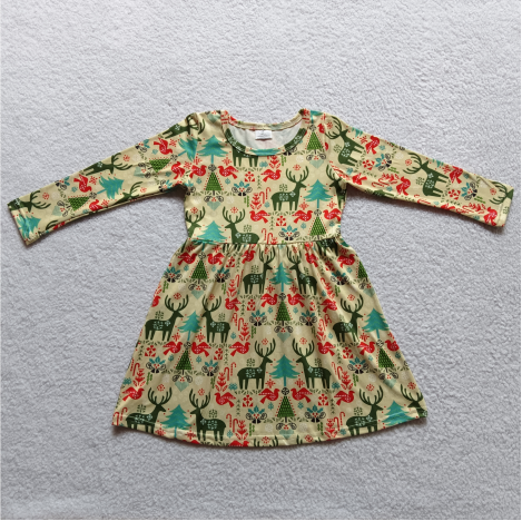 9.24 RTS NO MOQ（In stock）G3-24-4;' Baby Girls Winter Dress Fawn Snowflake Beige Long Sleeve Dress