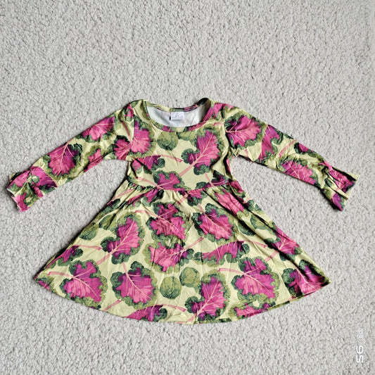 10.2 RTS NO MOQ（In stock）G4-12-9' Baby Girls Winter Dress Purple green leaf yellow long sleeve dress
