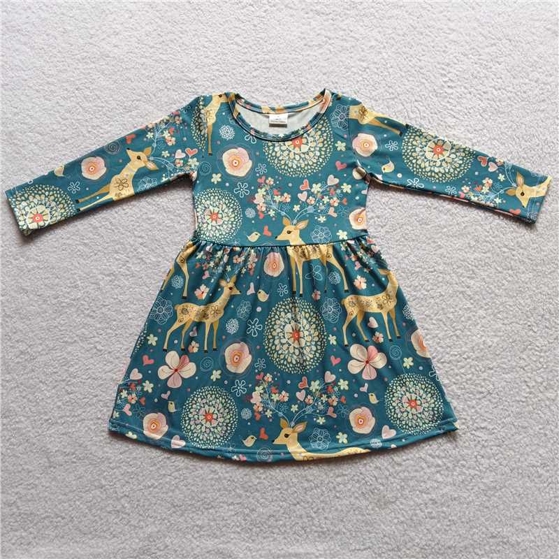 9.19 RTS NO MOQ（In stock）G3-24-4] Baby Girls Winter Dress Blue long-sleeved dress with deer pattern