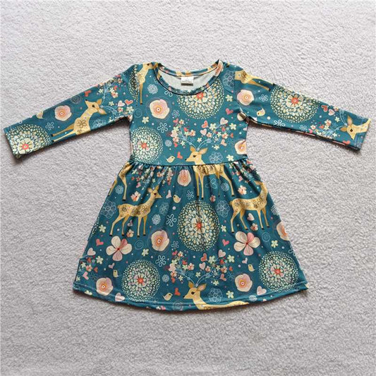 9.19 RTS NO MOQ（In stock）G3-24-4] Baby Girls Winter Dress Blue long-sleeved dress with deer pattern