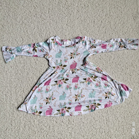 10.2 RTS NO MOQ（In stock）G4-12-9= Baby Girls Winter Dress Purple and green rabbit flower white long-sleeved dress
