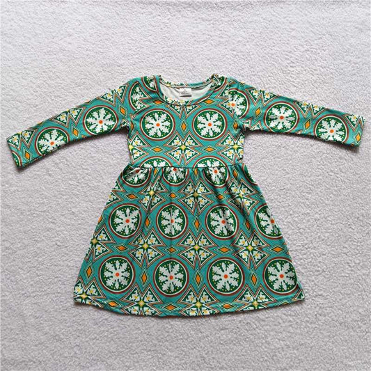 9.18 RTS NO MOQ（In stock）G3-24-4- Baby Girls Winter Dress Blue long-sleeved dress with circle pattern
