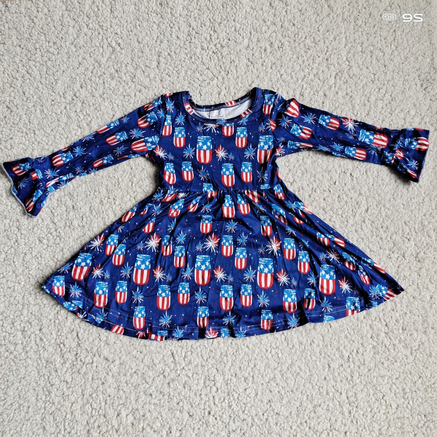 10.2 RTS NO MOQ（In stock）G4-12-9. Baby Girls Winter Dress Flag vase fireworks dark blue long-sleeved dress