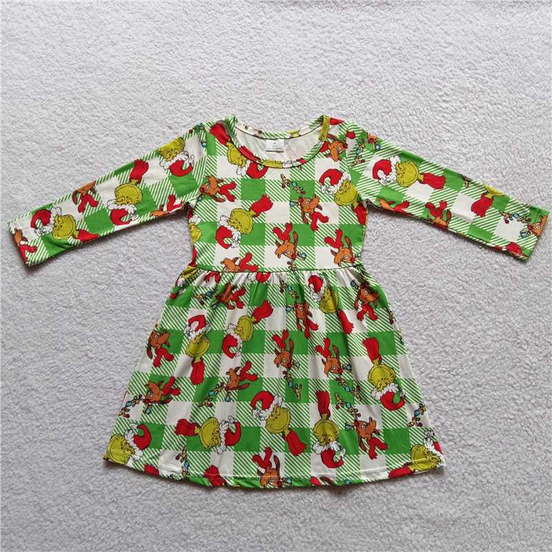 10.1 RTS NO MOQ（In stock）G3-24-3*'. Baby Girls Winter Dress Green Monster Dog Green Plaid Long Sleeve Dress