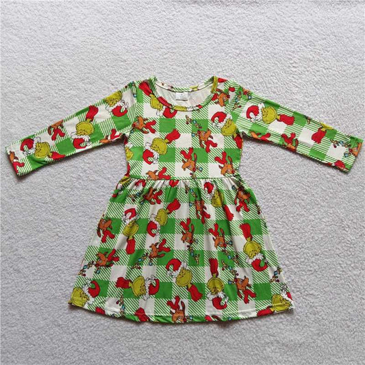 10.1 RTS NO MOQ（In stock）G3-24-3*'. Baby Girls Winter Dress Green Monster Dog Green Plaid Long Sleeve Dress