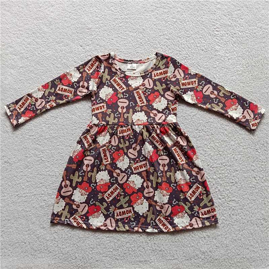 9.20 RTS NO MOQ（In stock）G3-24-3*. Baby Girls Winter Dress Brown long-sleeved dress with guitar and old man's head