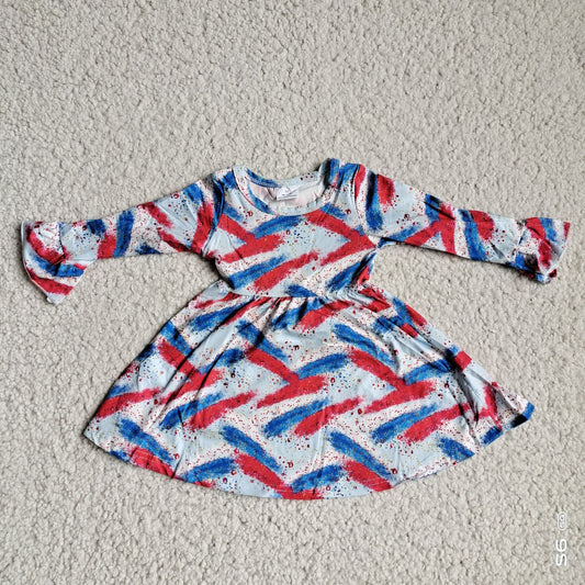 9.27 RTS NO MOQ（In stock）G3-4-6 Baby Girls Winter Dress Red and blue ink spot long sleeve dress