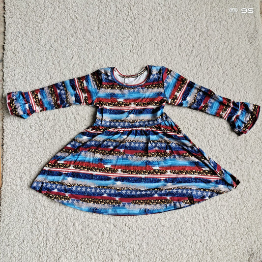 10.1 RTS NO MOQ（In stock）G3-4-6' Baby Girls Winter Dress Blue and red striped leopard print long-sleeved dress