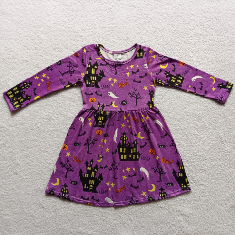 9.18 RTS NO MOQ（In stock）G3-24-1'. Baby Girls Winter Dress House Ghost Pumpkin Monster Purple Long Sleeve Dress