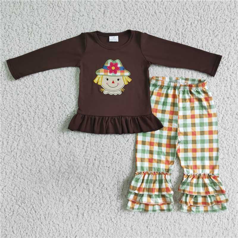 GLP0058Scarecrow embroidery cotton shirt plaid pants girls fall outfits