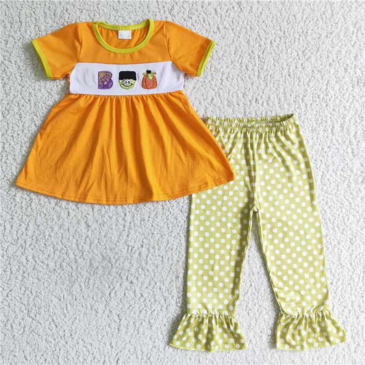 GSPO0119Boo pumpkin embroidery tunic set kids Halloween clothes