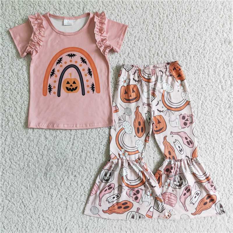 GSPO0098 Halloween pumpkin pink short-sleeved trousers suit