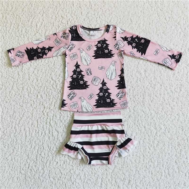 GBO0051  Ghost pumpkin pink shirt stripe bummies baby Halloween clothes
