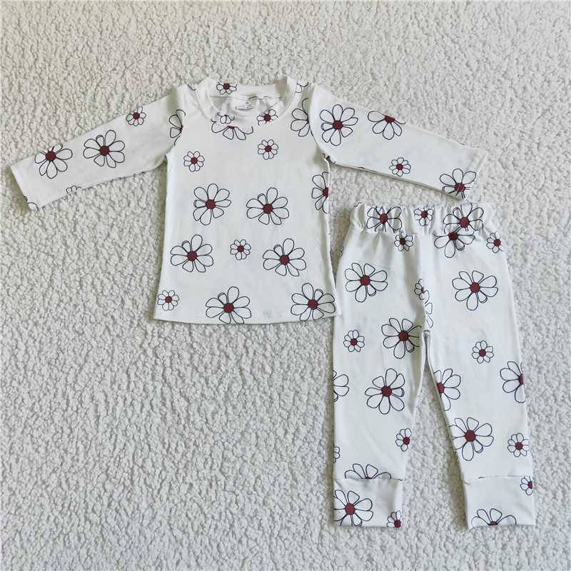GLP0196White floral long sleeve girls fall pajamas