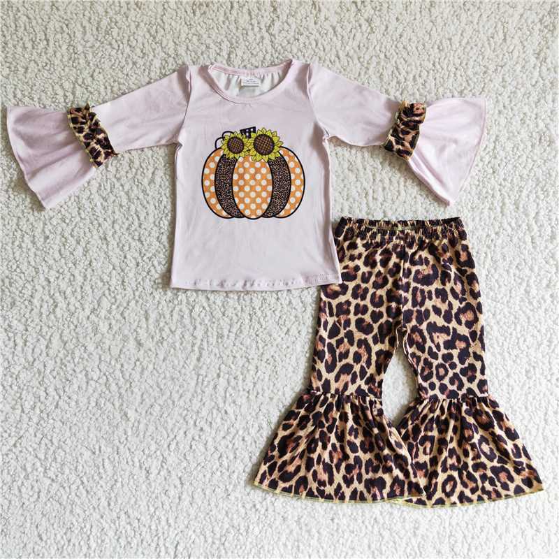 GLP0125Pink pumpkin sunflower shirt leopard pants girls fall clothes
