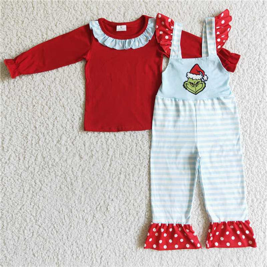 GLP0192 Girls grinch long-sleeved overalls set
