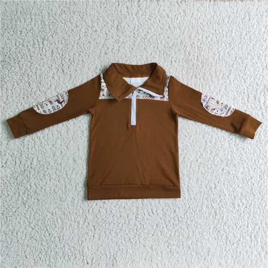 BT0087 Baby boys western brown cow skull pullover tops