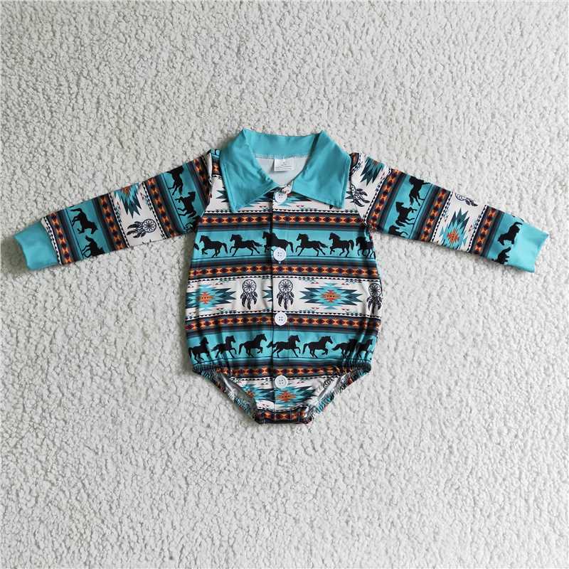 RTS  LR0182 Horse Geometric Blue Long Sleeve Button Shirt Bodysuit