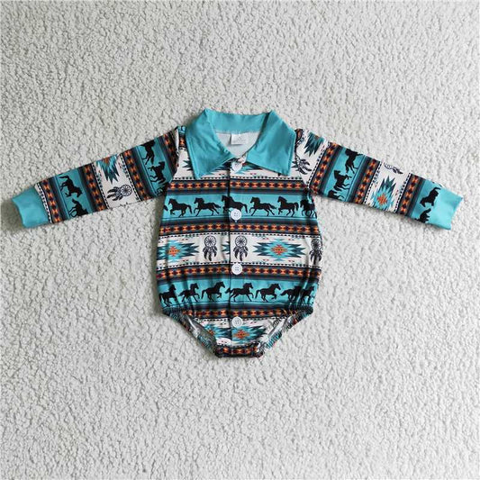 RTS  LR0182 Horse Geometric Blue Long Sleeve Button Shirt Bodysuit