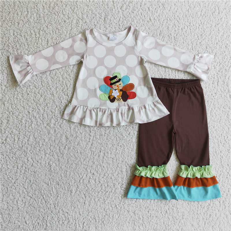 GLP0219Turkey embroidery polka dots shirt brown pants girls Thanksgiving clothing