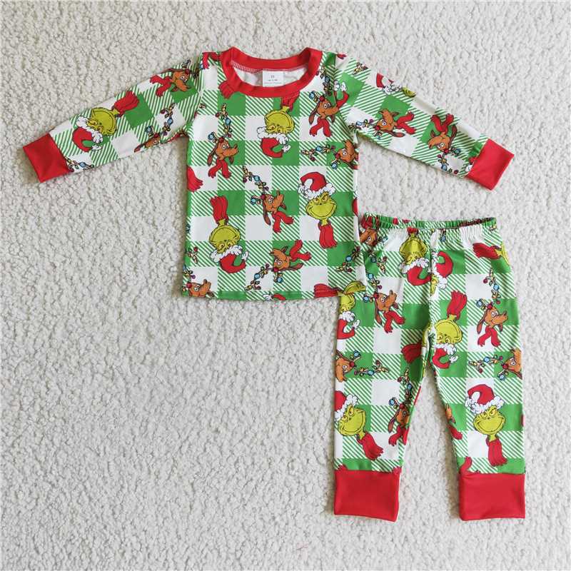 Baby kids red and green Christmas green furry monster print long sleeve long pants pajama set