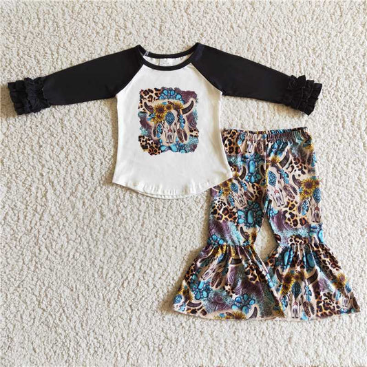 GLP0313Bull skull turquoise sunflower western girls clothes