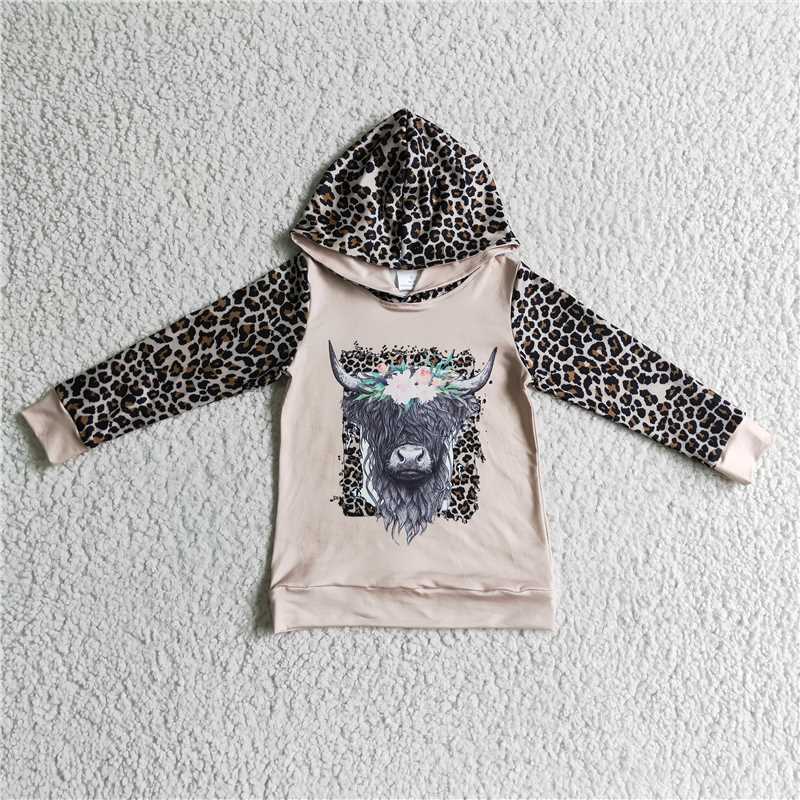 GT0069 Girls' Alpine Cattle Brown Leopard Print Hooded Long Sleeve