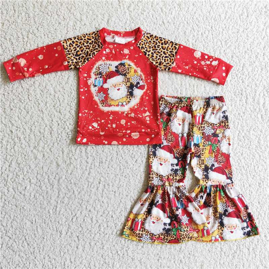 GLP0323 Girls Santa Claus red leopard print long sleeve trousers suit