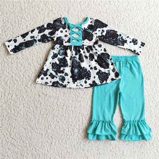 GLP0305Cow tunic turquoise ruffle pants girls clothes